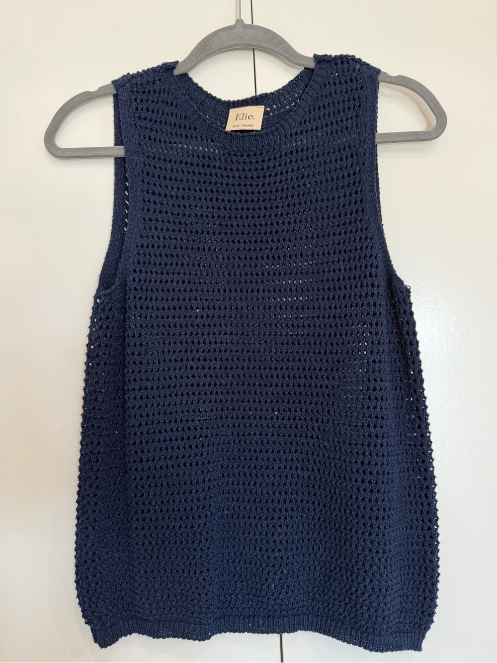 Elie Tahari Navy Crochet Knit Sleeveless Top